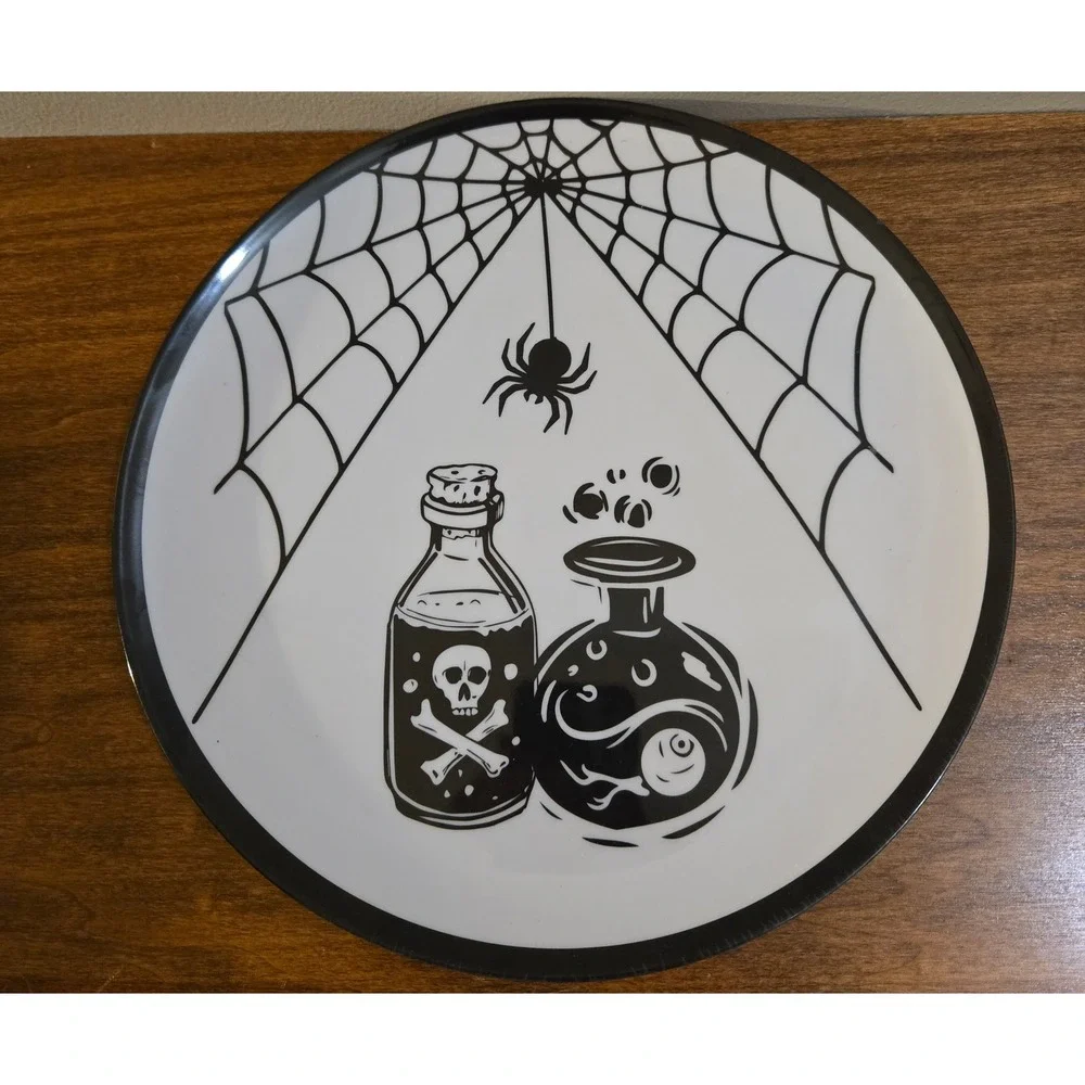 Halloween Melamine Plate Set 8pc Black White Spooky Graphics Witch Haunted House